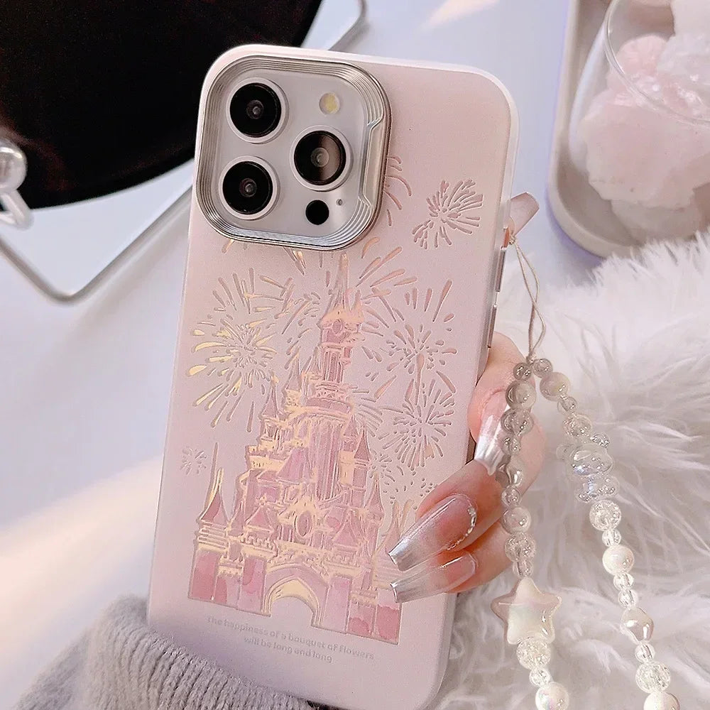 Pink Glitter Castle Phone Case with Lanyard for iPhone