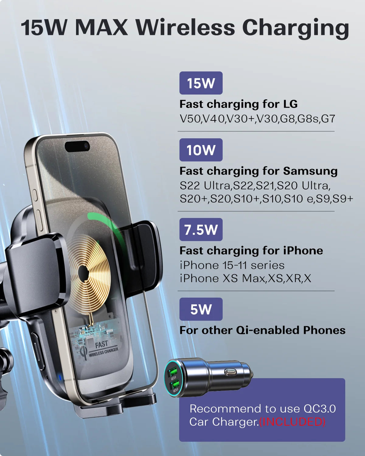 Wireless Charger in car with 360 Rotate for all devices